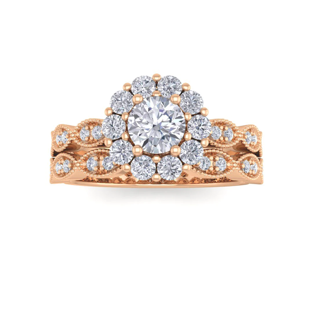 14k Rose Gold 0.33ct Round Brilliant Lab Diamond Halo Bridal Set 0.88tdw