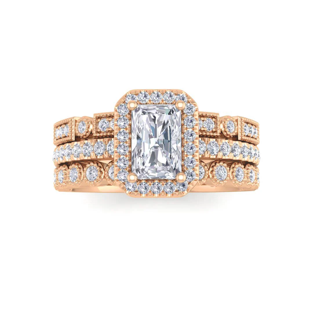 14k Rose Gold 0.5ct Emerald Cut Moissanite Halo Bridal Set 0.5tdw