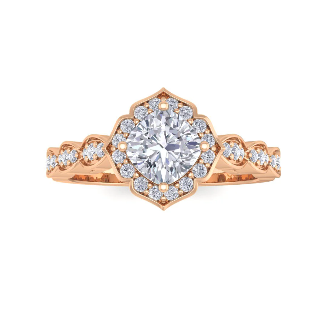 14k Rose Gold 0.75ct Cushion Cut Lab Diamond Halo Vintage Inspired Bridal Set 1.05tdw