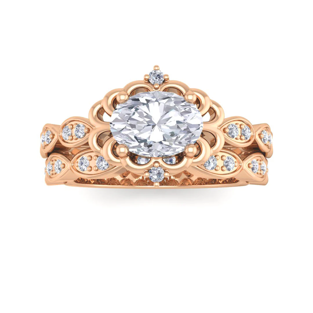 14k Rose Gold 0.75ct Oval Moissanite Filigree Halo Bridal Set 0.2tdw
