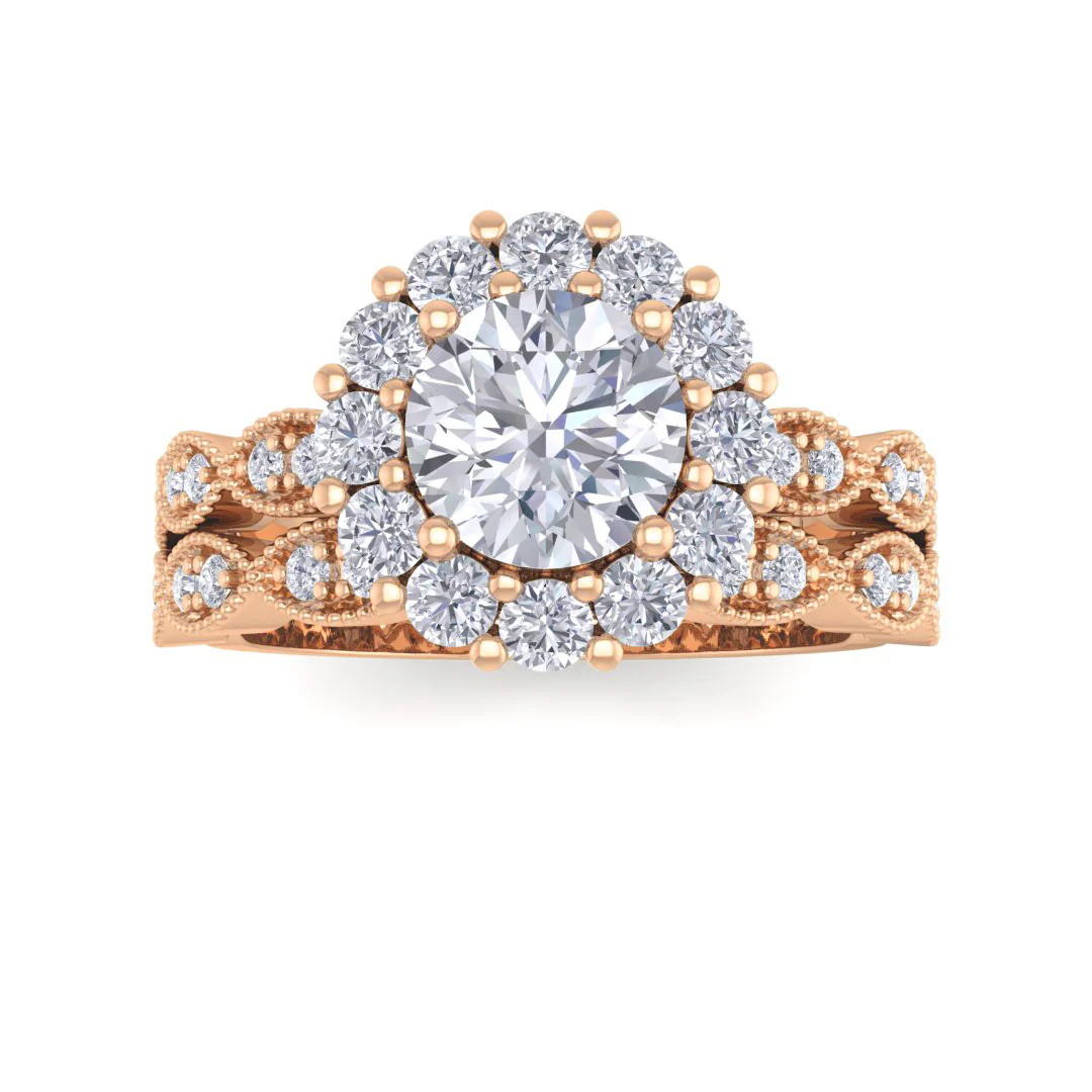 14k Rose Gold 0.75ct Round Brilliant Lab Diamond Halo Bridal Set 1.3tdw