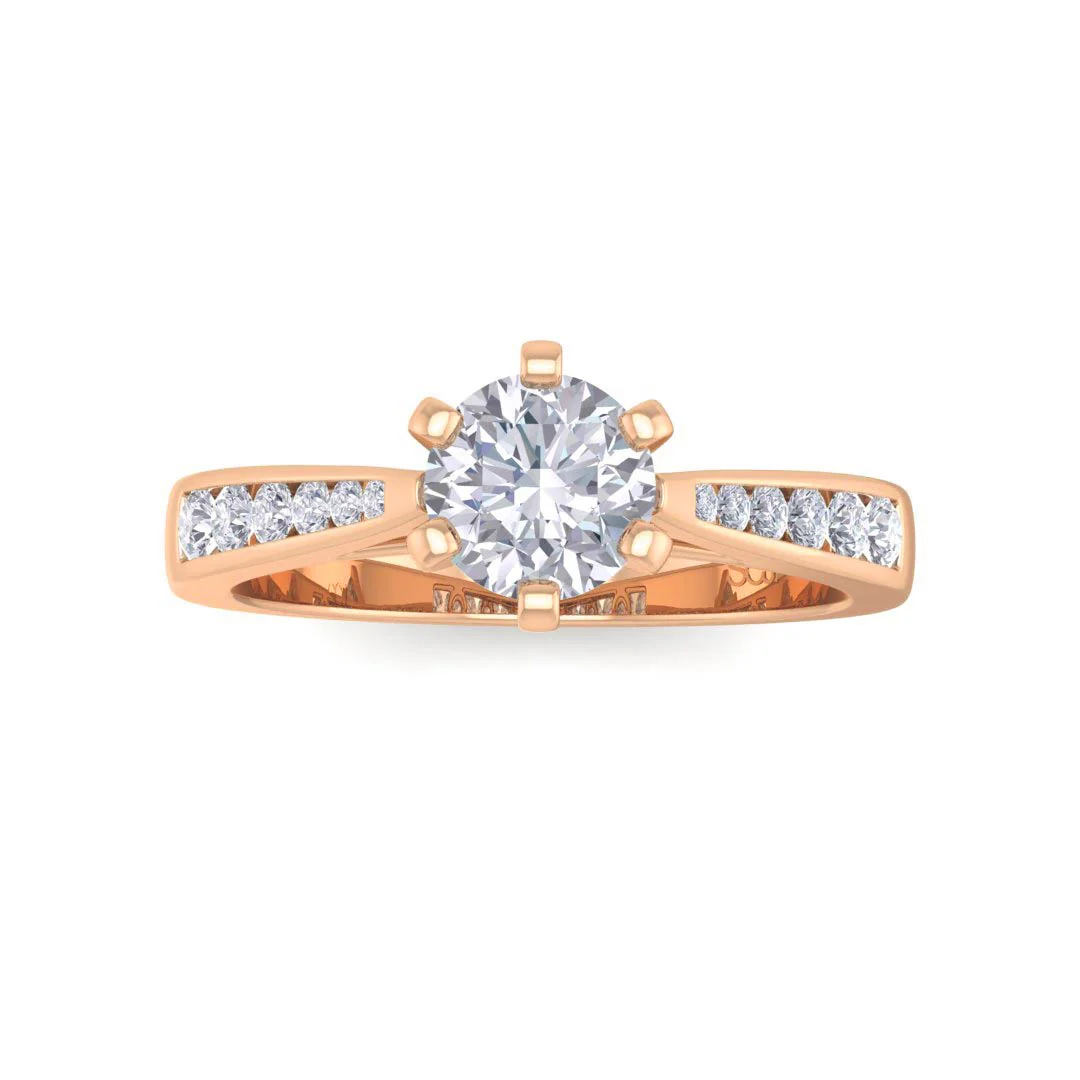 14k Rose Gold 0.75ct Round Brilliant Moissanite Solitaire With Channel Shoulders Engagement Ring 0.2tdw