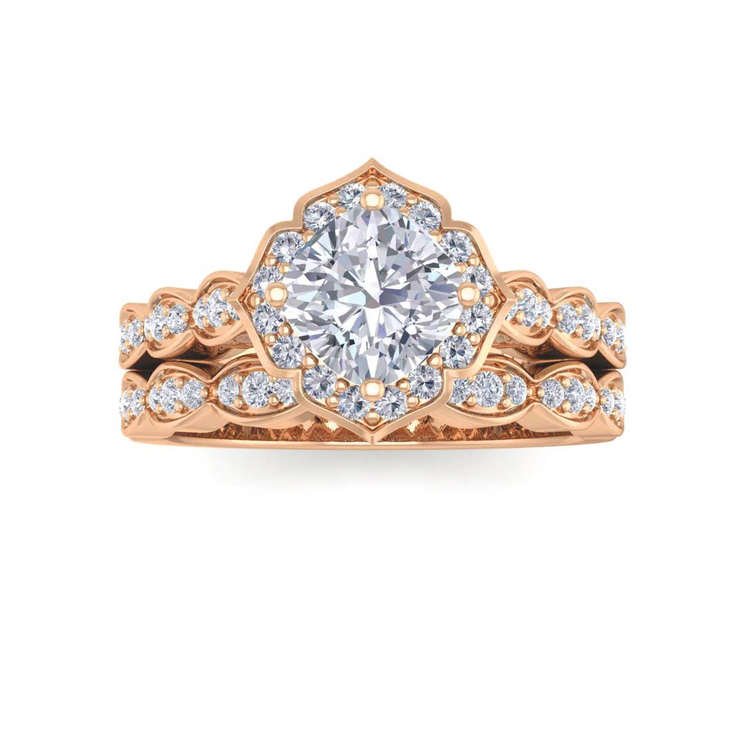 14k Rose Gold 1.0ct Cushion Cut Diamond Halo Vintage Inspired Bridal Set 1.3tdw