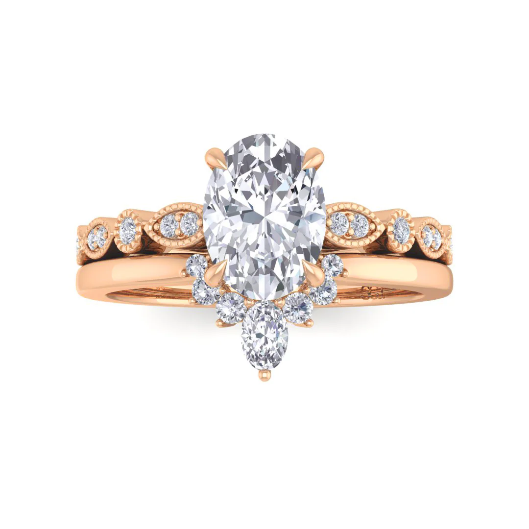 14k Rose Gold 1.0ct Oval Lab Diamond Tiara Bridal Set 1.17tdw