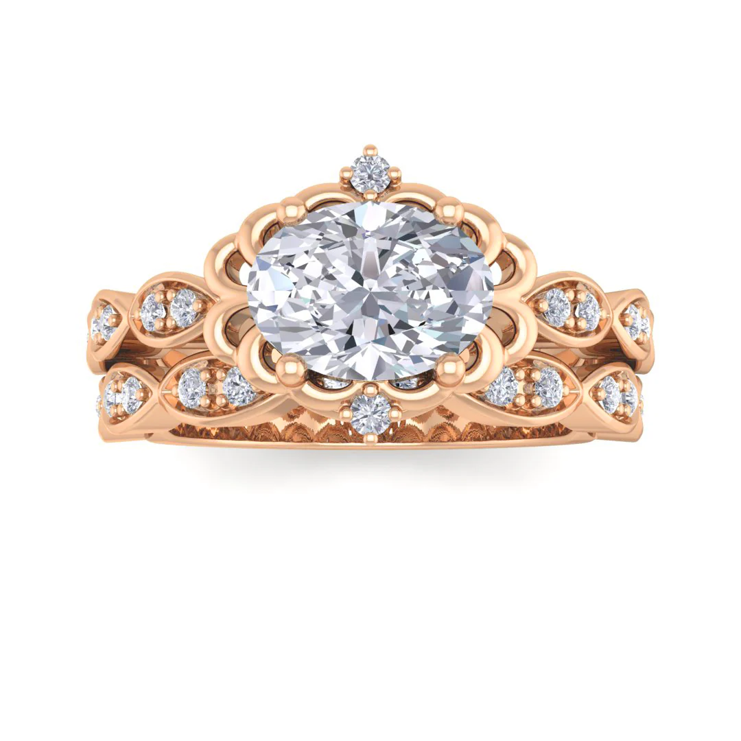 14k Rose Gold 1.0ct Oval Moissanite Filigree Halo Bridal Set 0.2tdw