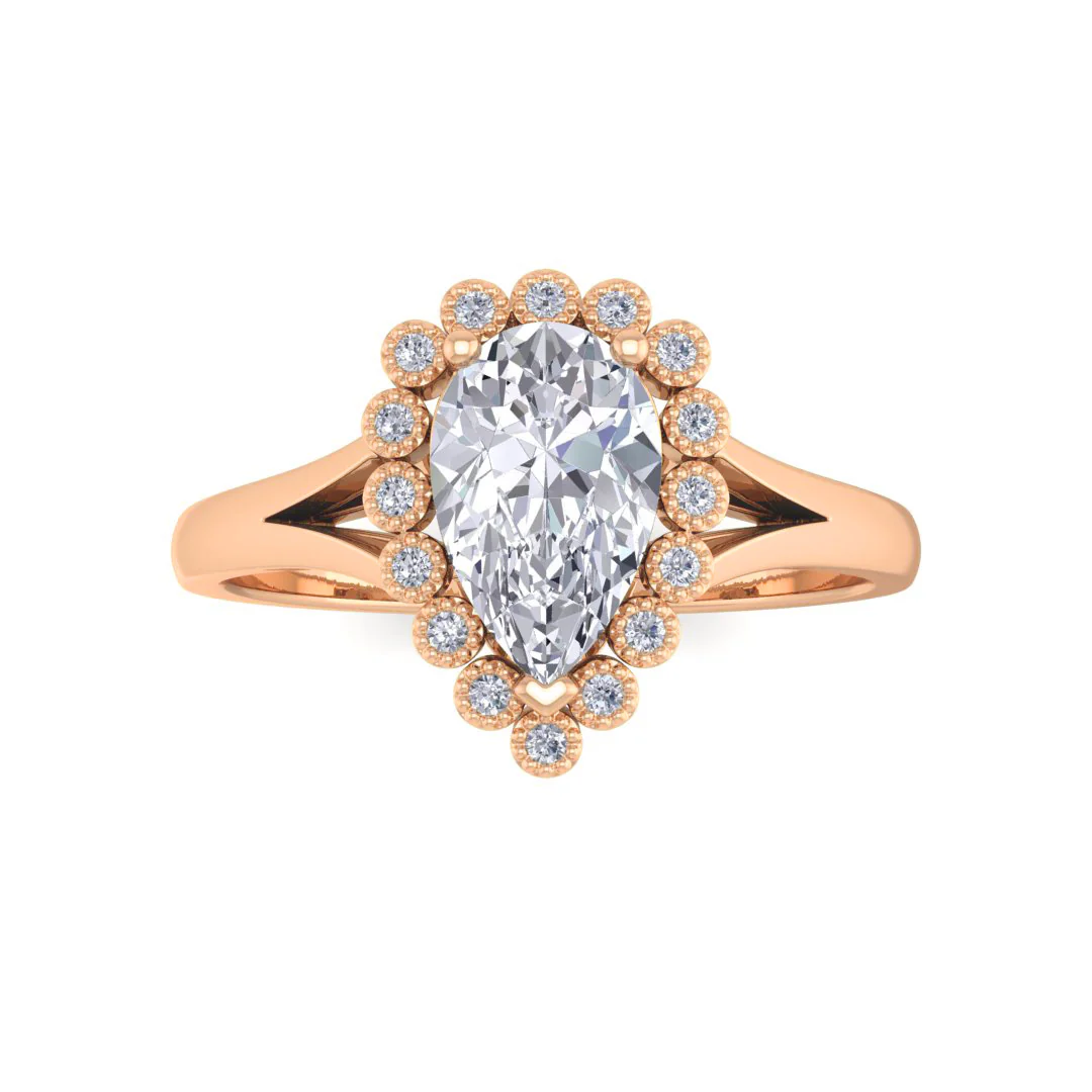 14k Rose Gold 1.0ct Pear Diamond Halo Tiara Bridal Set 1.4tdw