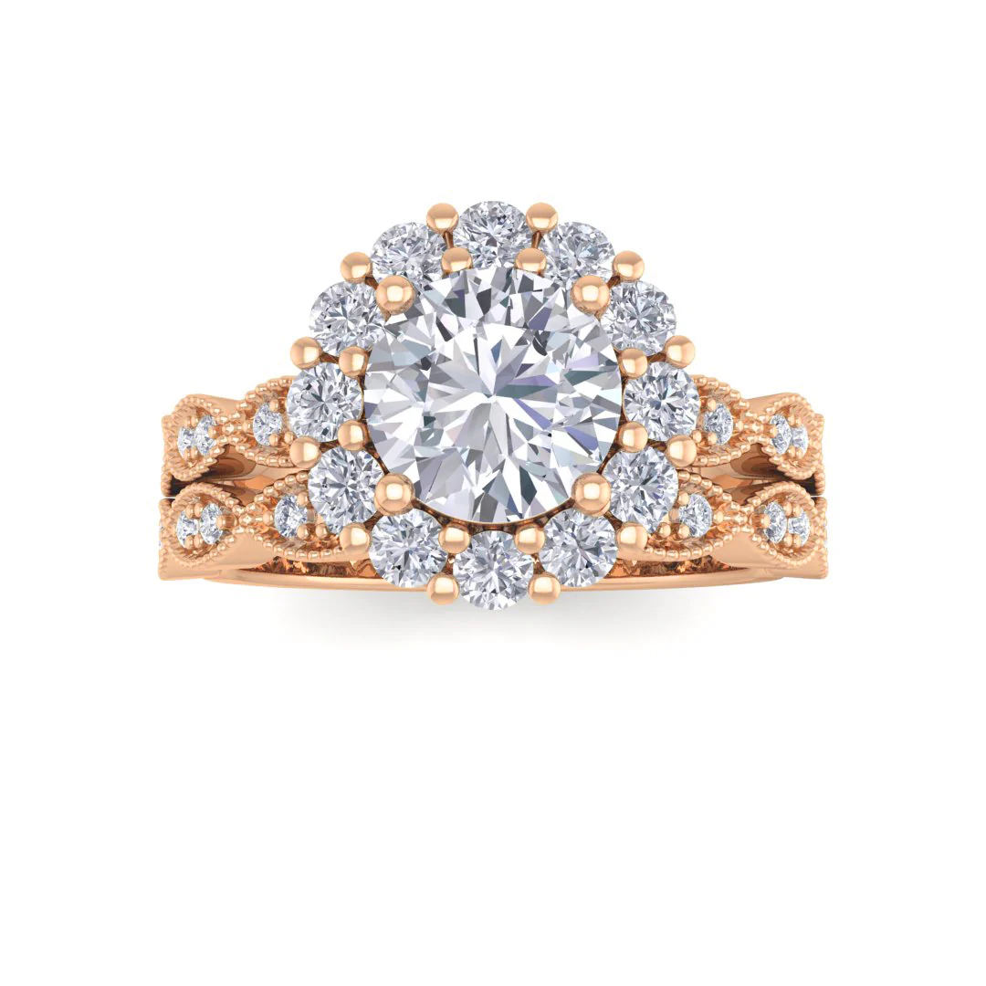 14k Rose Gold 1.0ct Round Brilliant Diamond Halo Bridal Set 1.55tdw