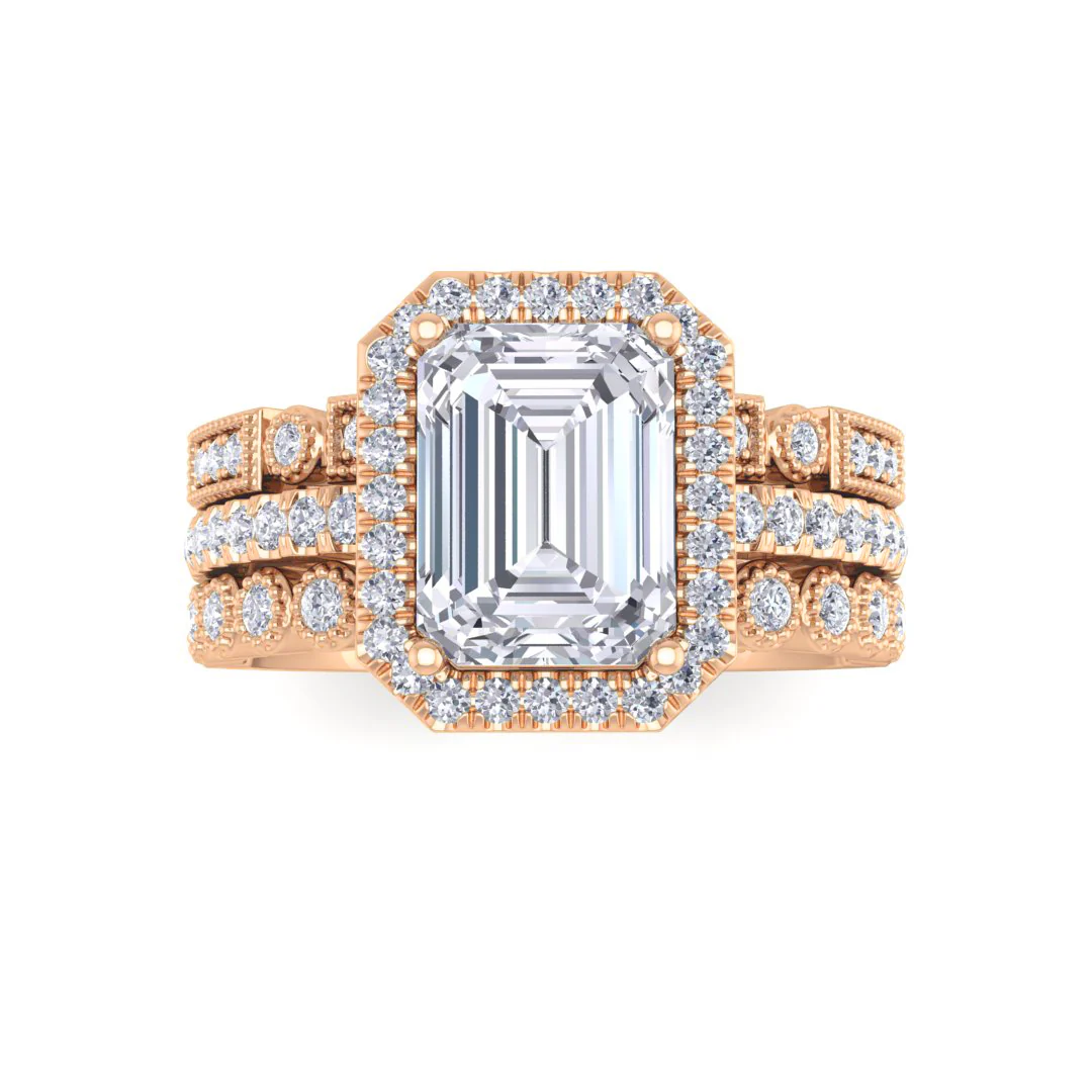14k Rose Gold 1.5ct Emerald Cut Moissanite Halo Bridal Set 0.5tdw