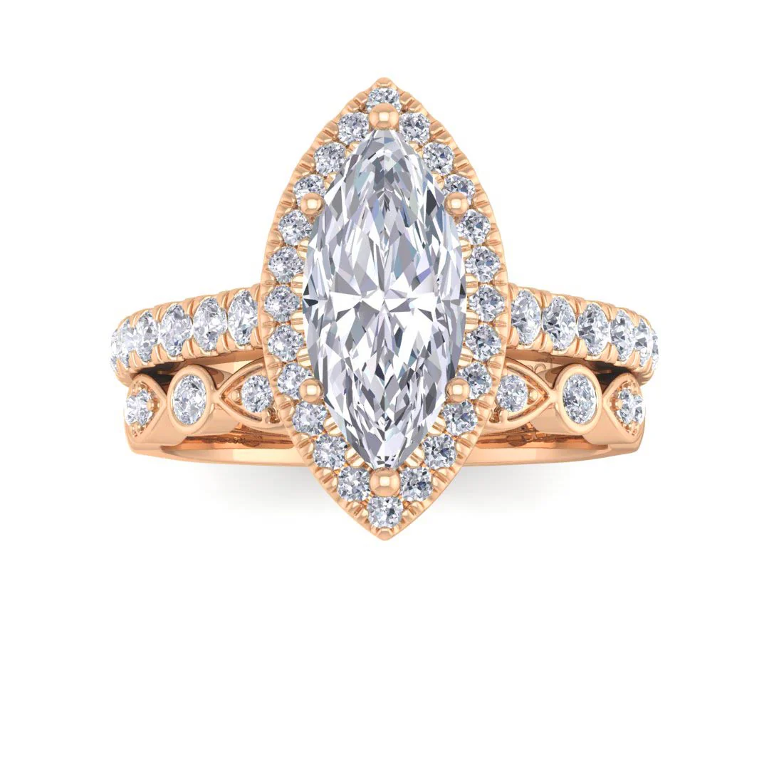 14k Rose Gold 1.5ct Marquise Moissanite Halo Bridal Set 0.5tdw