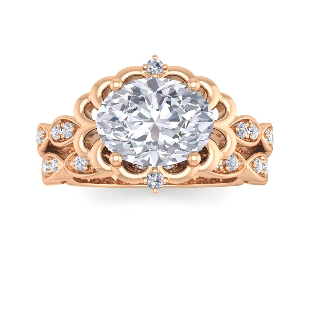 14k Rose Gold 1.5ct Oval Lab Diamond Filigree Halo Bridal Set 1.7tdw