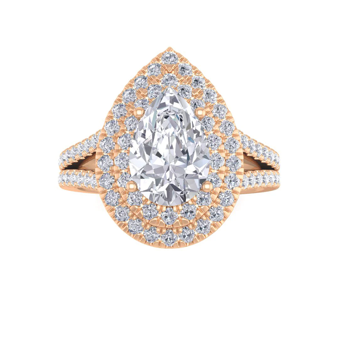 14k Rose Gold 1.5ct Pear Moissanite Double Halo Engagement Ring 0.5tdw