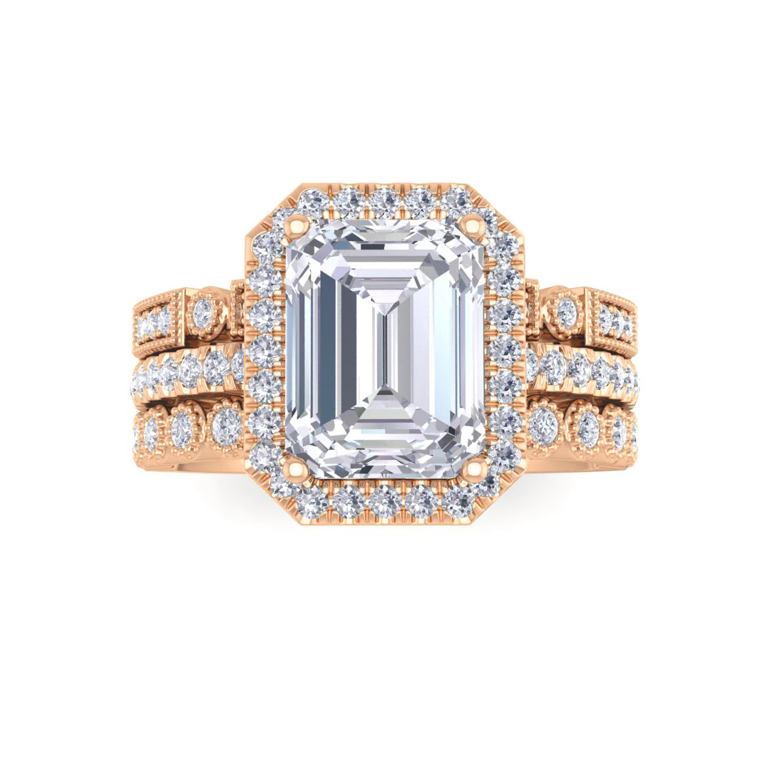 14k Rose Gold 2.0ct Emerald Cut Moissanite Halo Bridal Set 0.5tdw