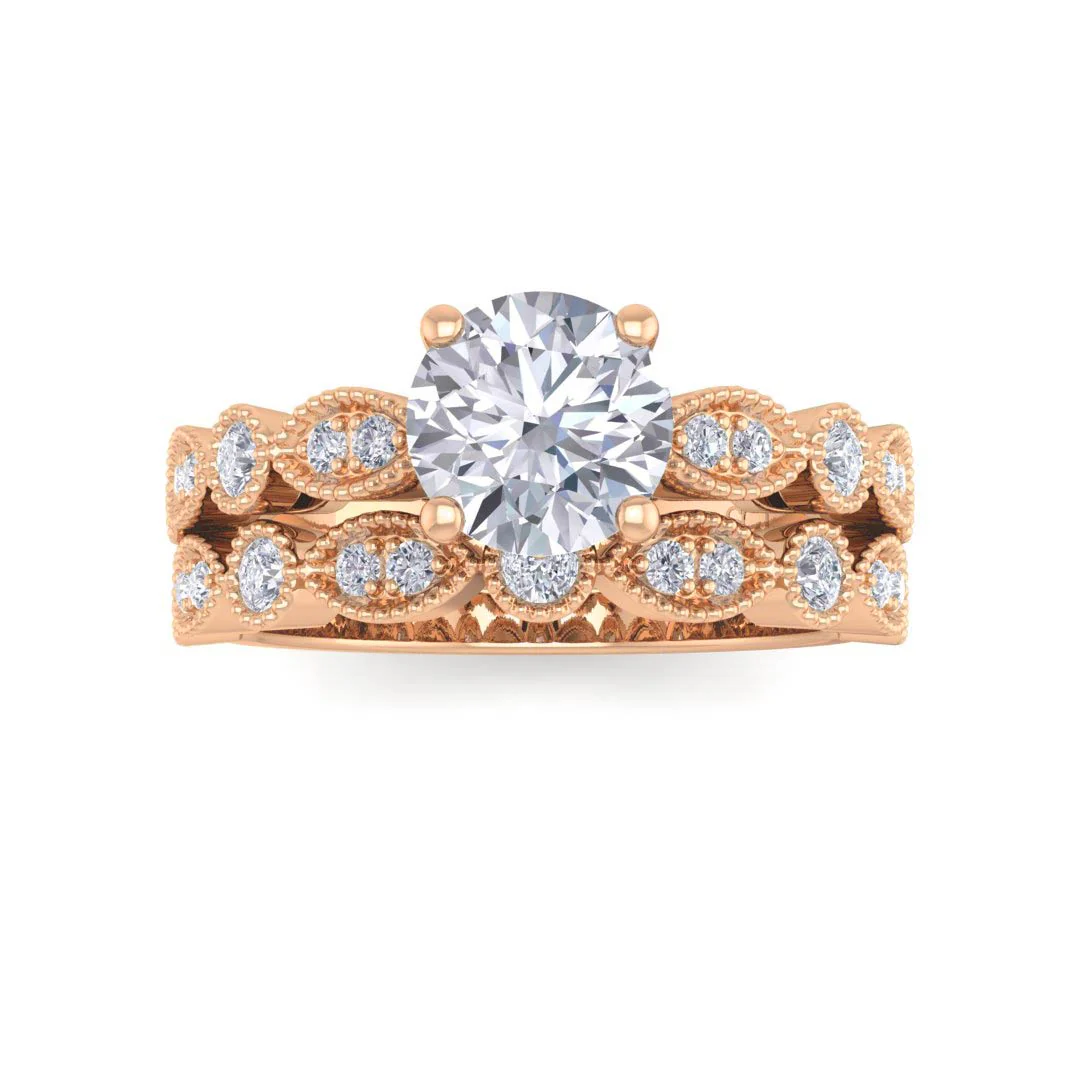 14K Rose Gold Round Brilliant Diamond Milgrain Bridal Set 1.0tdw