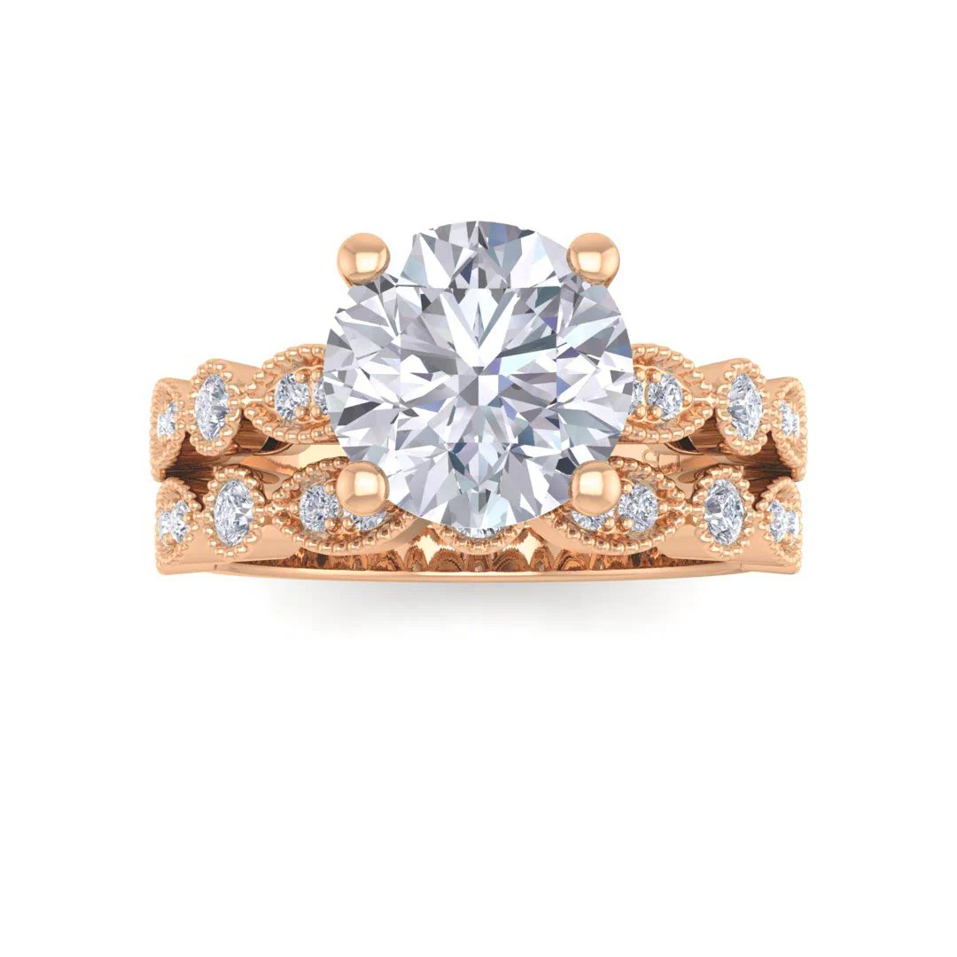 14K Rose Gold Round Brilliant Moissanite and Diamond Milgrain Bridal Set 0.25tdw 2.0ct Moissanite