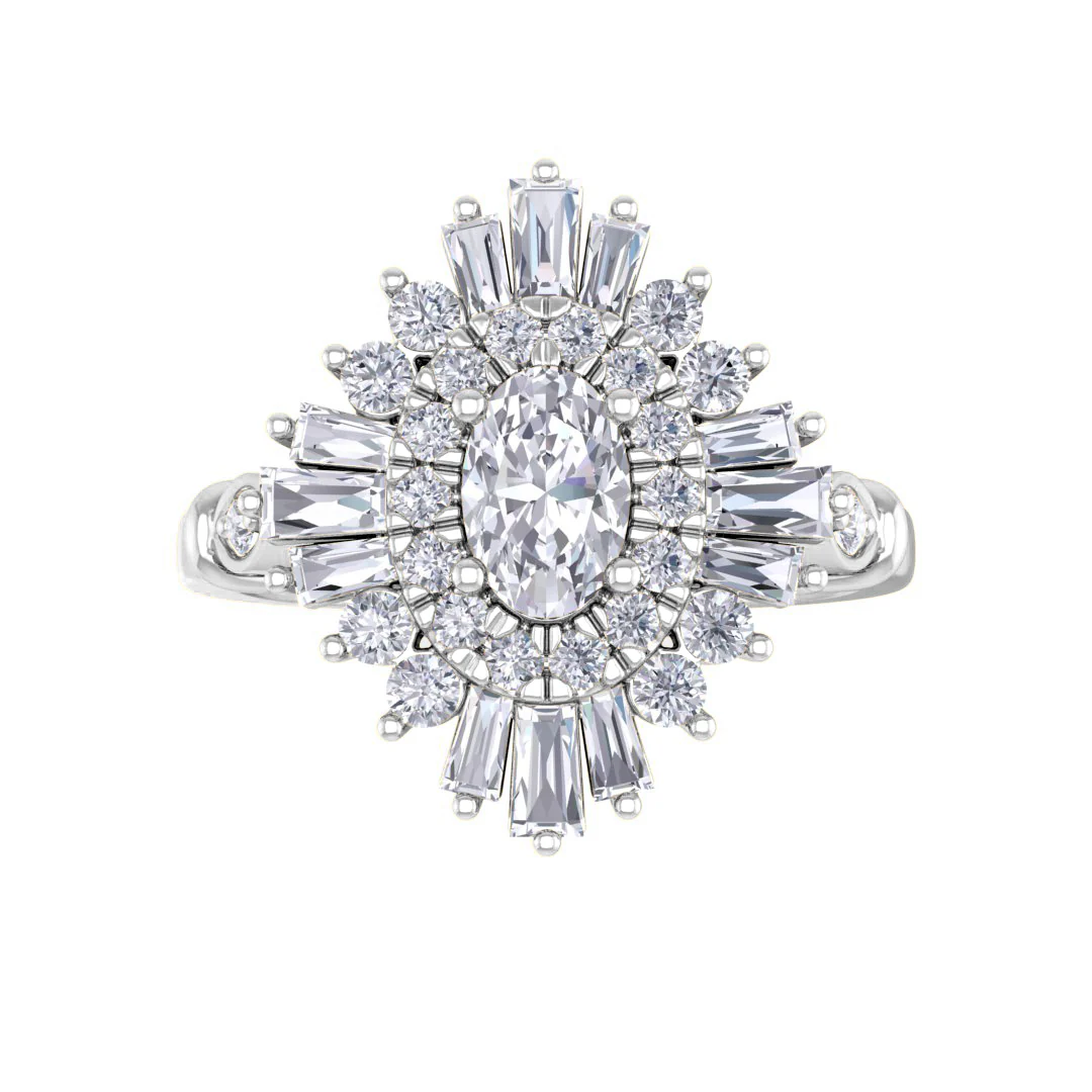 14k White Gold 0.33ct Oval Diamond Baguette Starburst Engagement Ring 0.83tdw