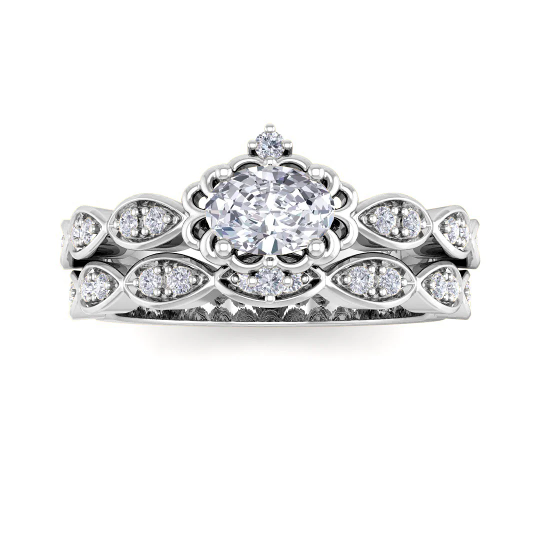 14k White Gold 0.33ct Oval Lab Diamond Filigree Halo Bridal Set 0.53tdw