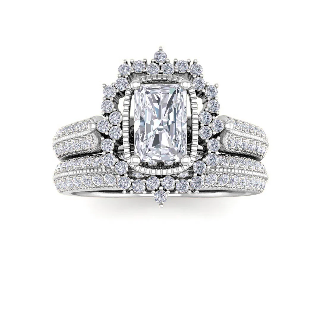 14k White Gold 0.5ct Emerald Cut Moissanite Vintage Halo Bridal Set 0.5tdw