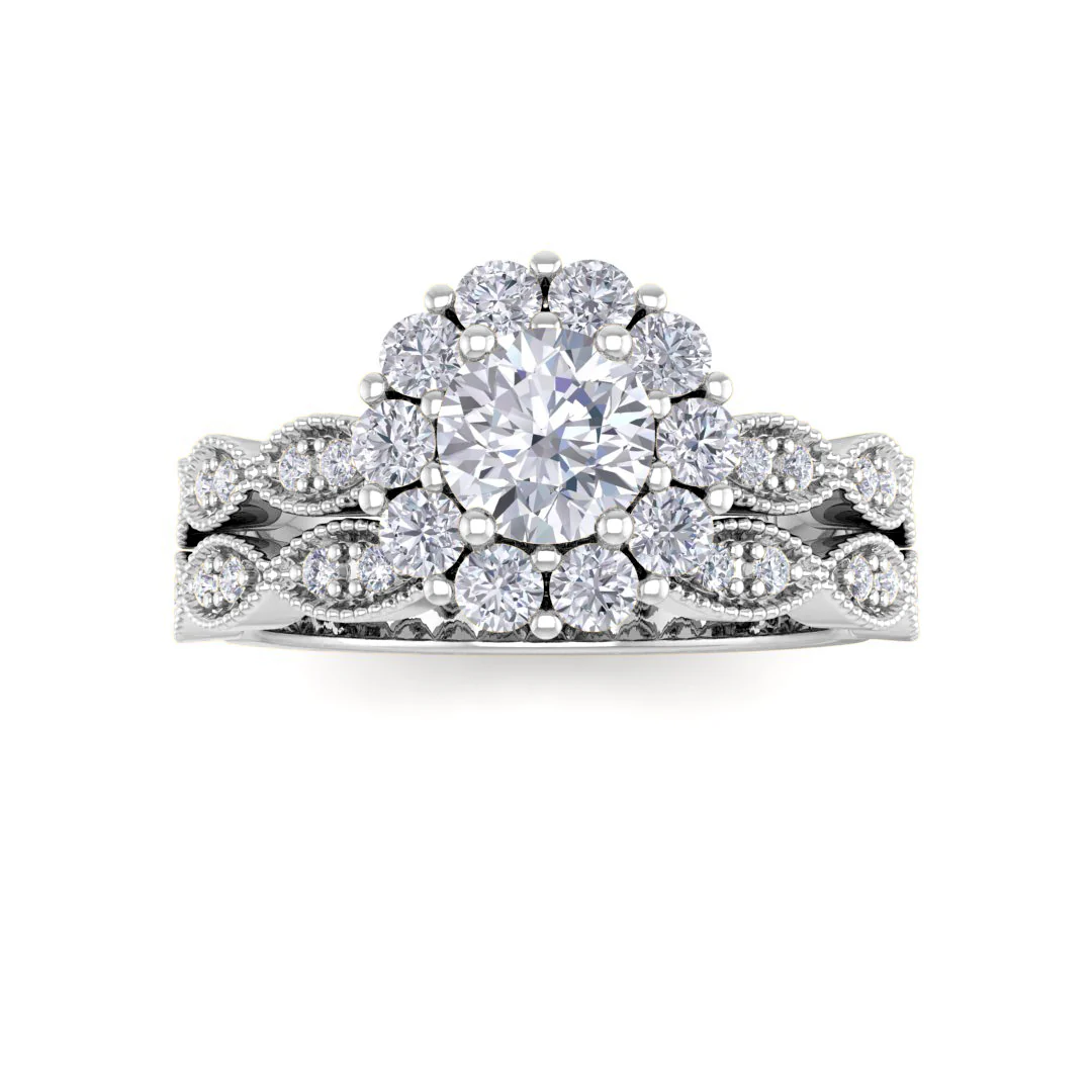 14k White Gold 0.5ct Round Brilliant Diamond Halo Bridal Set 1.05tdw