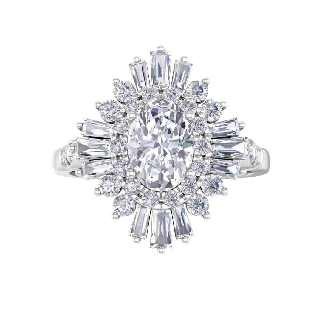 14k White Gold 0.75ct Oval Moissanite Baguette Starburst Engagement Ring 0.5tdw
