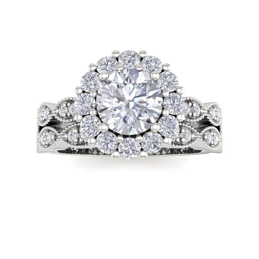 14k White Gold 0.75ct Round Brilliant Diamond Halo Bridal Set 1.3tdw