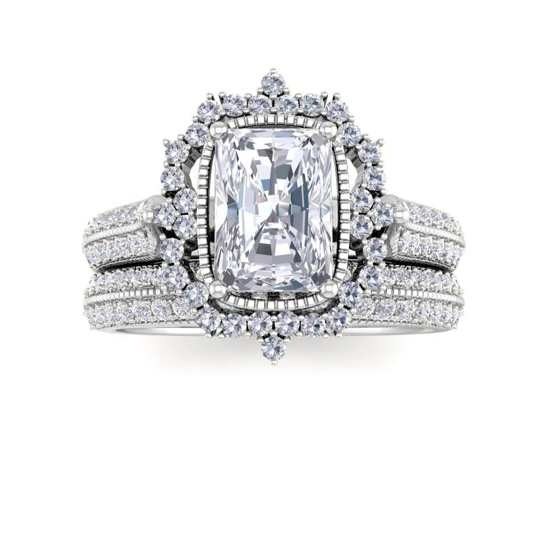 14k White Gold 1.0ct Emerald Cut Lab Diamond Vintage Halo Bridal Set 1.5tdw