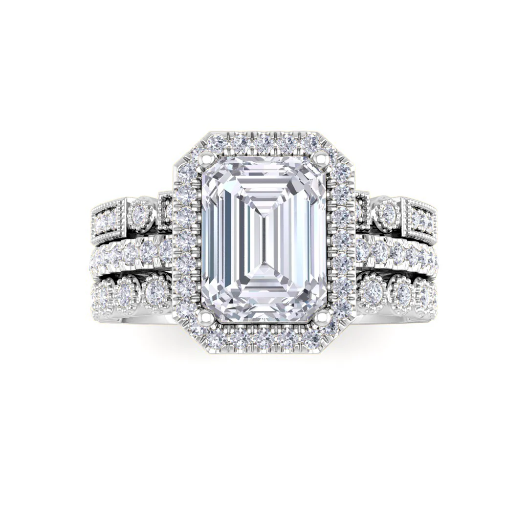14k White Gold 1.5ct Emerald Cut Lab Diamond Halo Bridal Set 2.0tdw