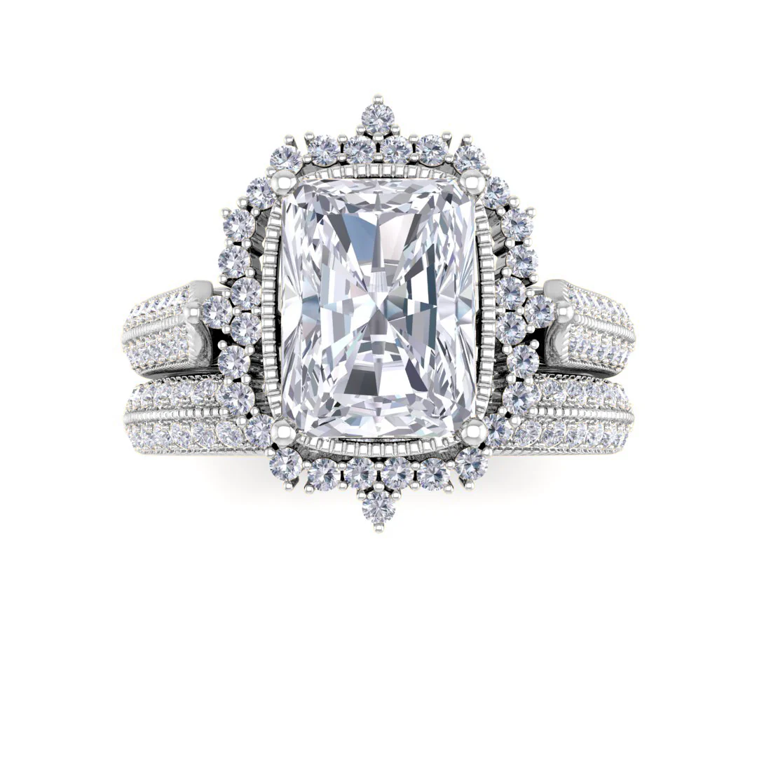 14k White Gold 1.5ct Emerald Cut Moissanite Vintage Halo Bridal Set 0.5tdw