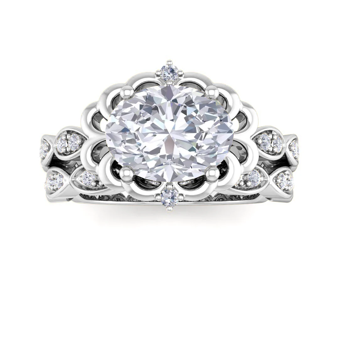 14k White Gold 1.5ct Oval Moissanite Filigree Halo Bridal Set 0.2tdw