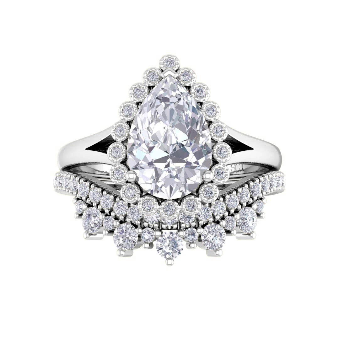 14k White Gold 1.5ct Pear Moissanite Halo Tiara Bridal Set 0.4tdw