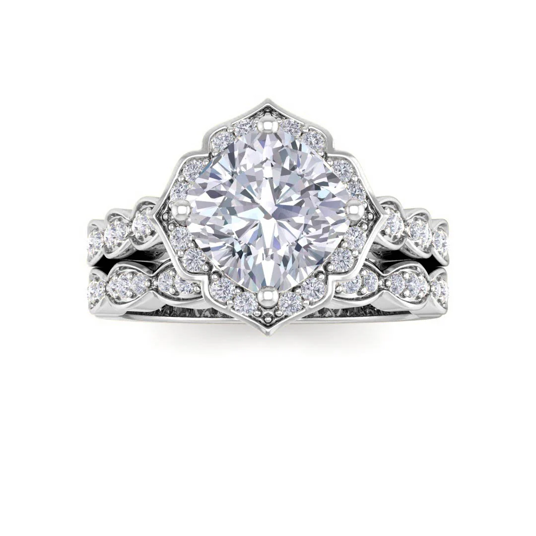 14k White Gold 2.0ct Cushion Cut Lab Diamond Halo Vintage Inspired Bridal Set 2.3tdw