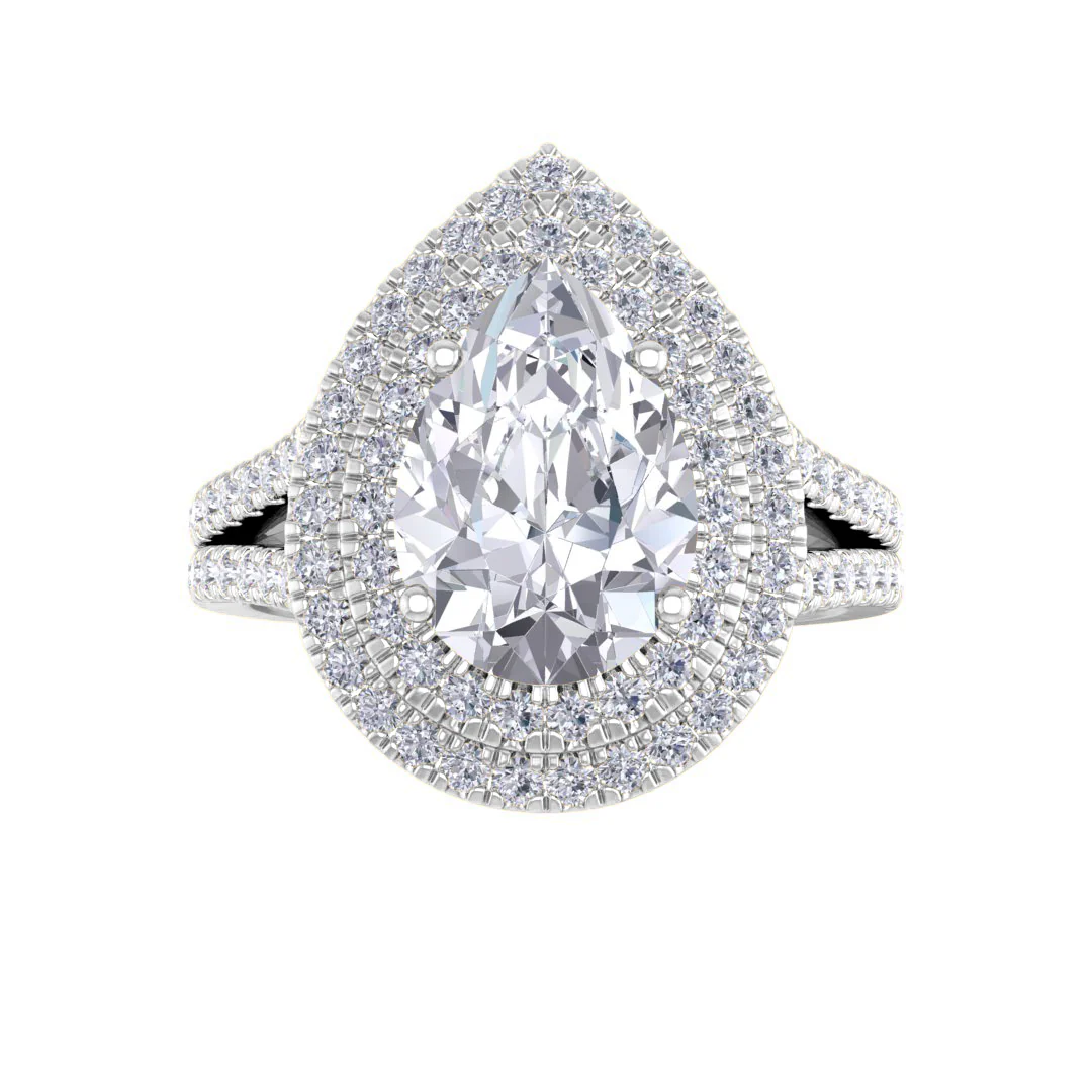 14k White Gold 2.0ct Pear Lab Diamond Double Halo Engagement Ring 2.5tdw