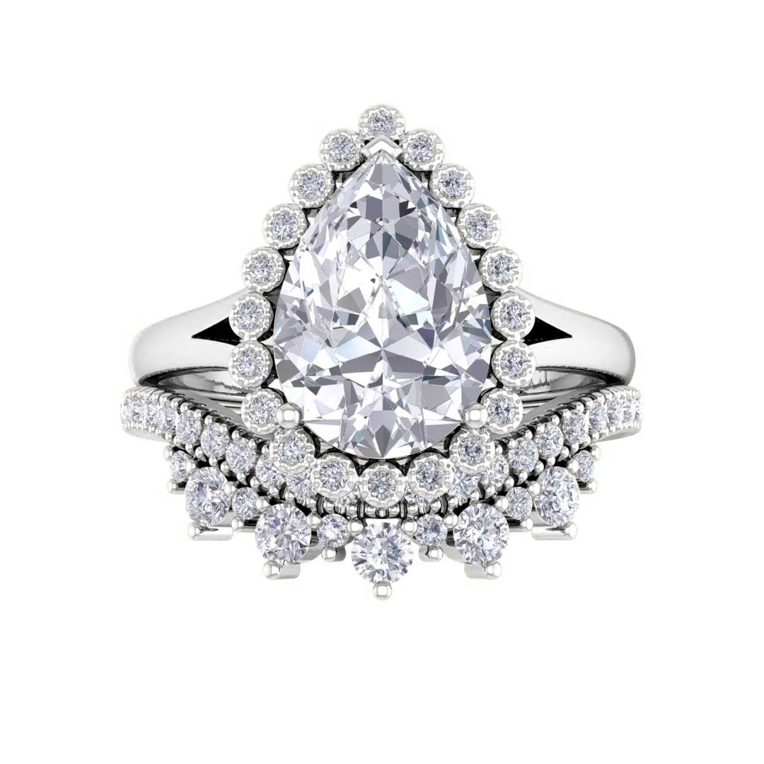 14k White Gold 2.0ct Pear Lab Diamond Halo Tiara Bridal Set 2.4tdw
