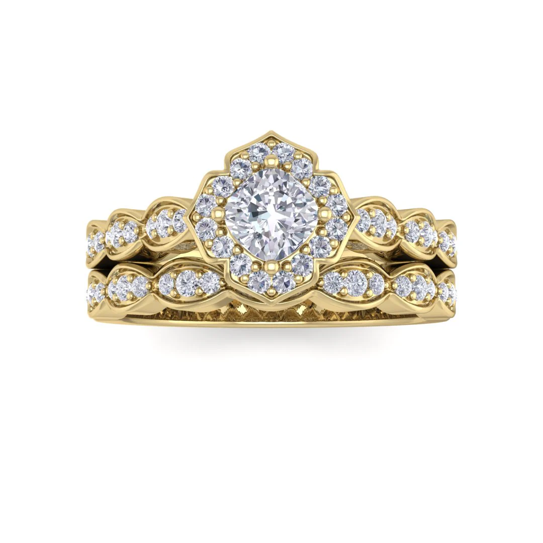 14k Yellow Gold 0.33ct Cushion Cut Moissanite Halo Vintage Inspired Bridal Set 0.3tdw