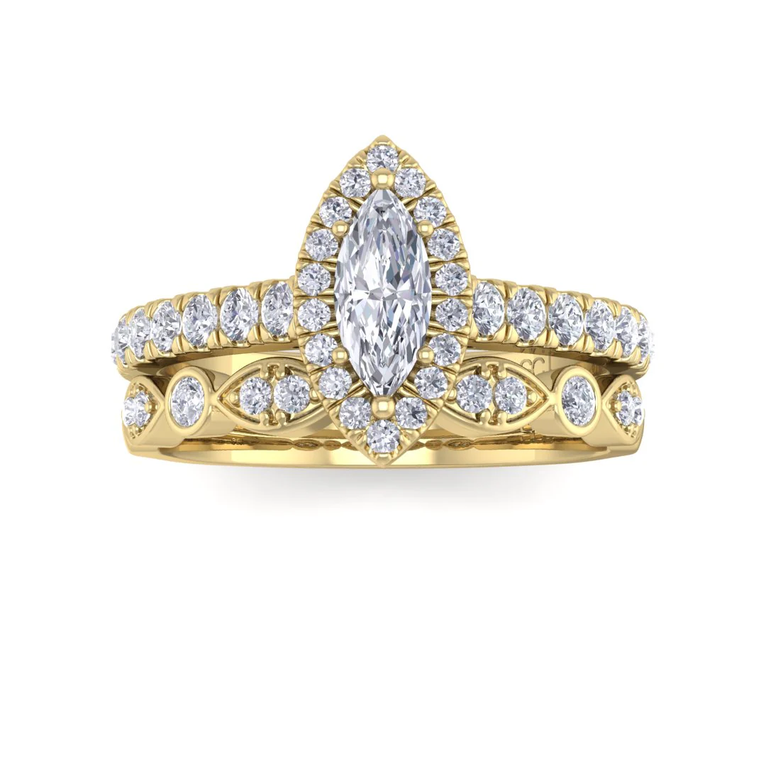 14k Yellow Gold 0.33ct Marquise Diamond Halo Bridal Set 0.83tdw