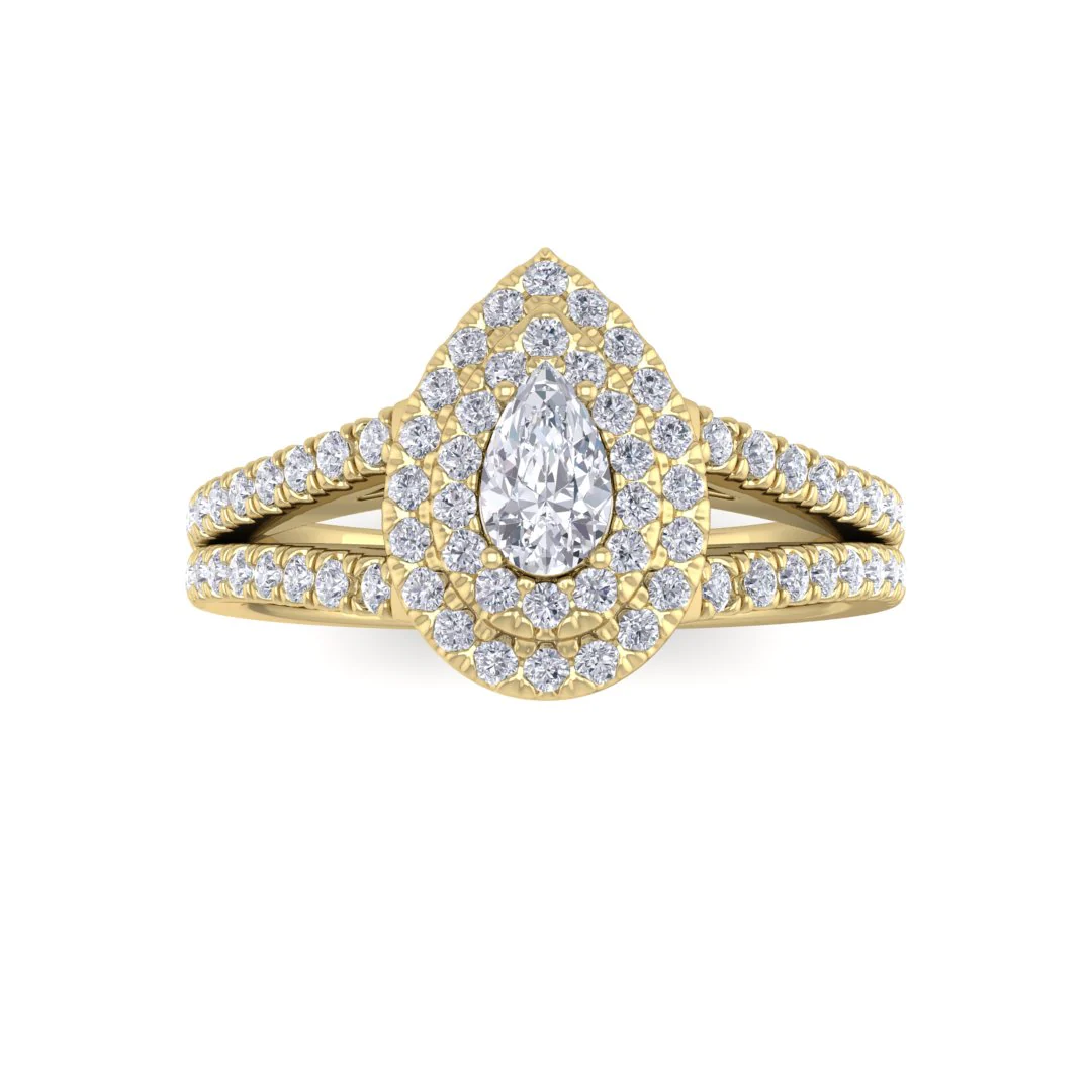 14k Yellow Gold 0.33ct Pear Lab Diamond Double Halo Engagement Ring 0.83tdw