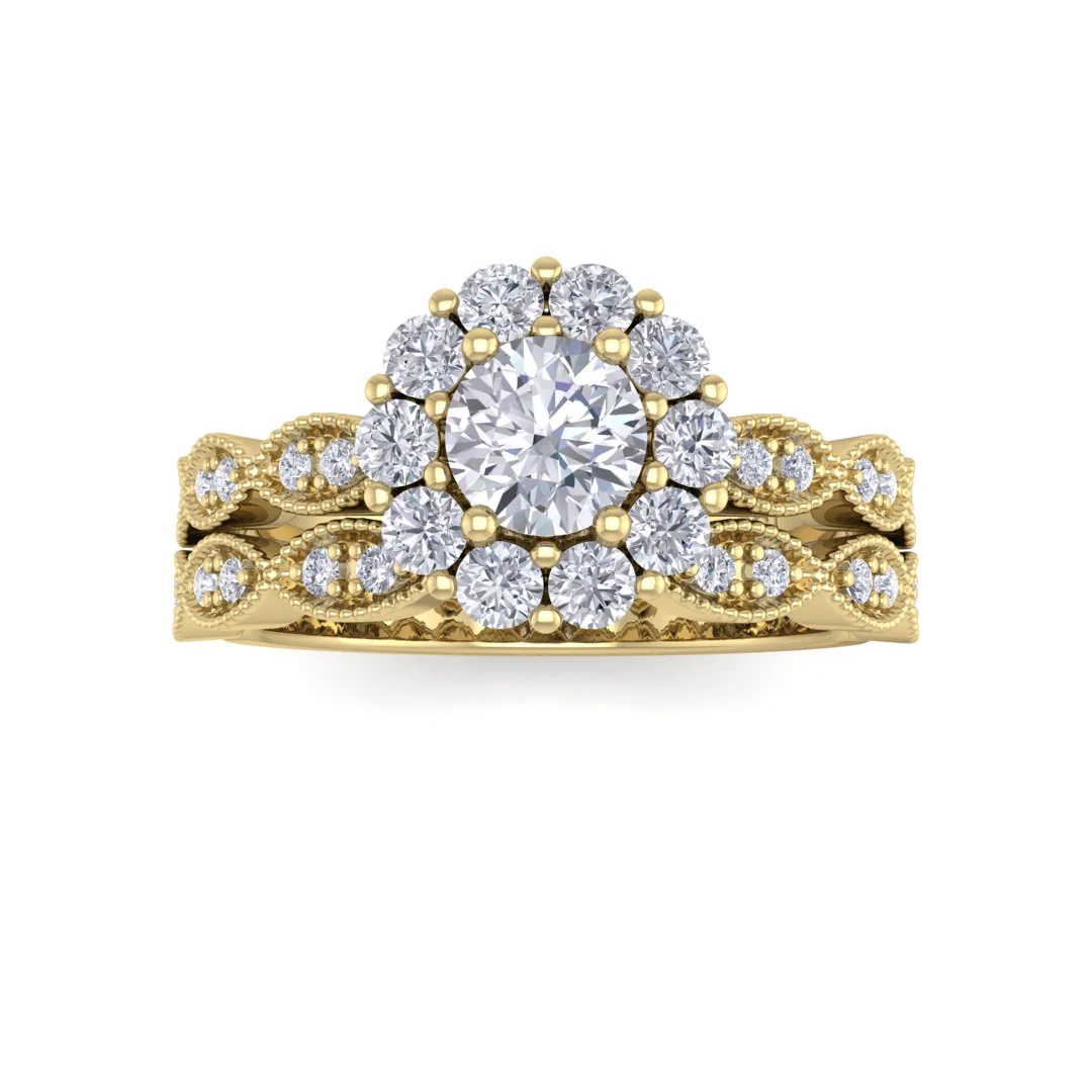 14k Yellow Gold 0.33ct Round Brilliant Diamond Halo Bridal Set 0.88tdw
