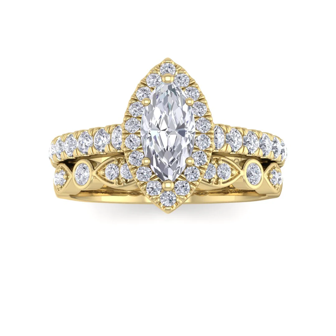 14k Yellow Gold 0.5ct Marquise Diamond Halo Bridal Set 1.0tdw