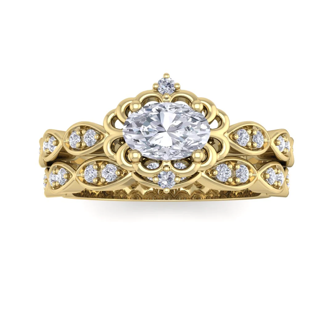 14k Yellow Gold 0.5ct Oval Diamond Filigree Halo Bridal Set 0.7tdw
