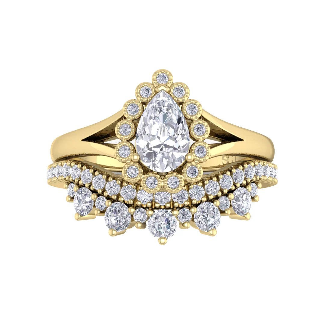 14k Yellow Gold 0.5ct Pear Diamond Halo Tiara Bridal Set 0.9tdw