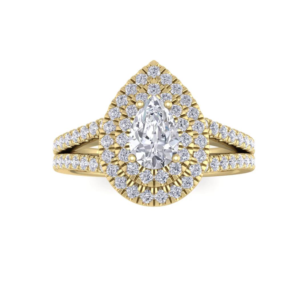 14k Yellow Gold 0.5ct Pear Moissanite Double Halo Engagement Ring 0.5tdw