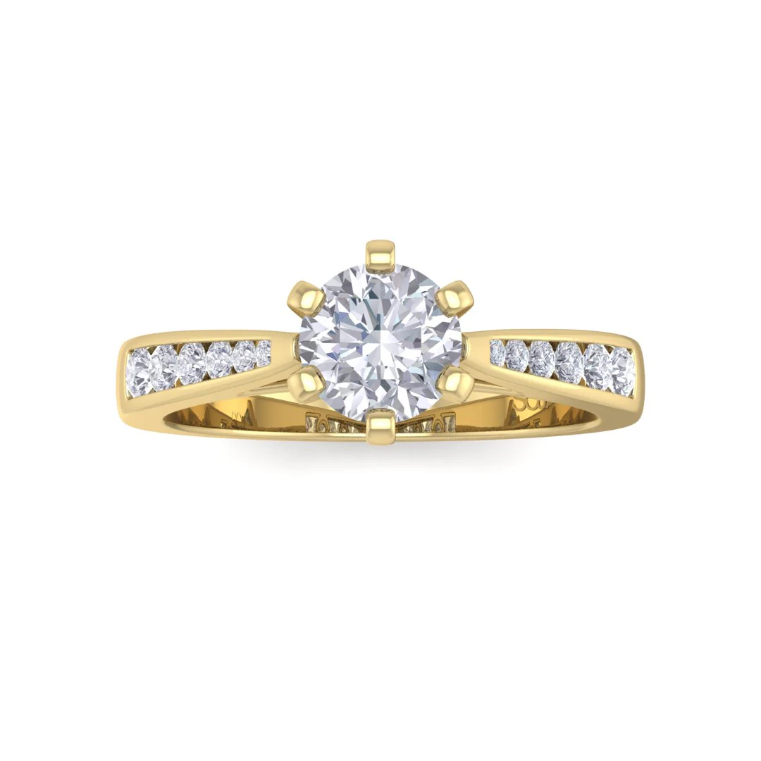 14k Yellow Gold 0.5ct Round Brilliant Moissanite Solitaire With Channel Shoulders Engagement Ring 0.2tdw