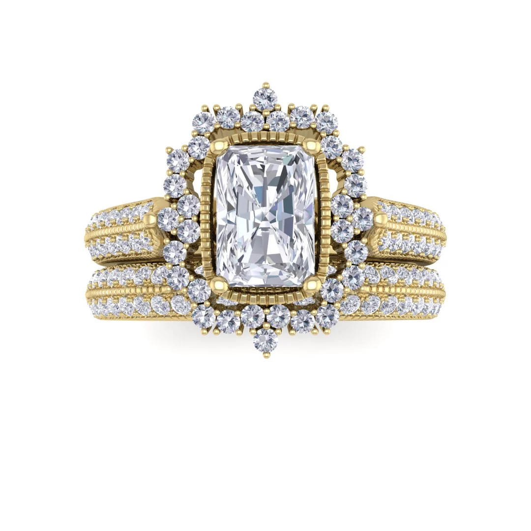 14k Yellow Gold 0.75ct Emerald Cut Lab Diamond Vintage Halo Bridal Set 1.25tdw