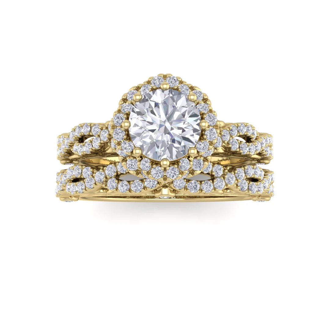 14k Yellow Gold 0.75ct Round Brilliant Lab Diamond Flower Halo Bridal Set 1.25tdw