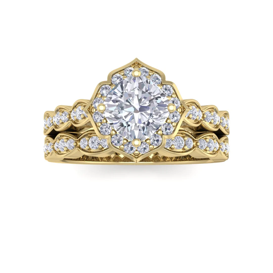 14k Yellow Gold 1.0ct Cushion Cut Moissanite Halo Vintage Inspired Bridal Set 0.3tdw