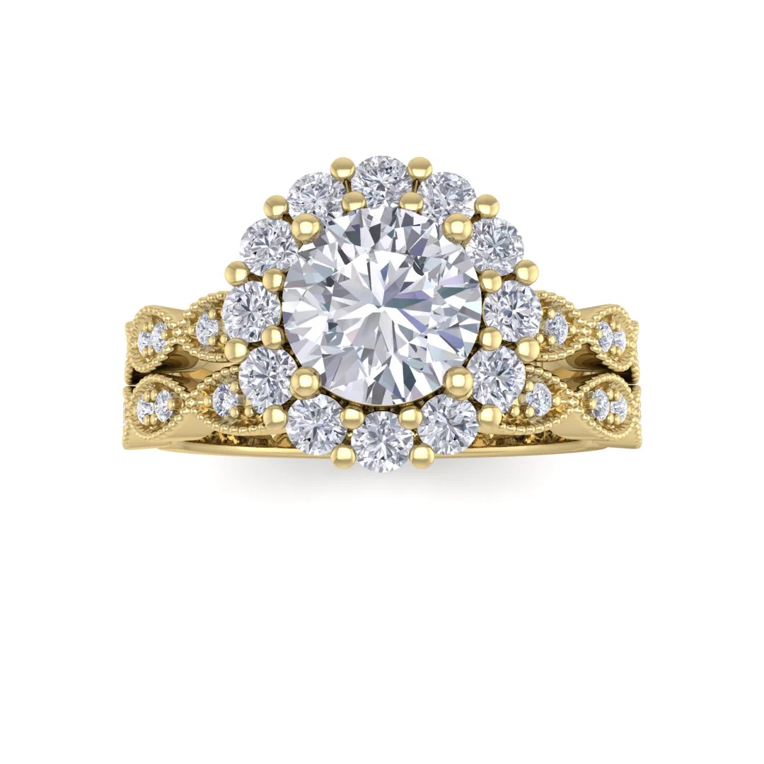 14k Yellow Gold 1.0ct Round Brilliant Lab Diamond Halo Bridal Set 1.55tdw