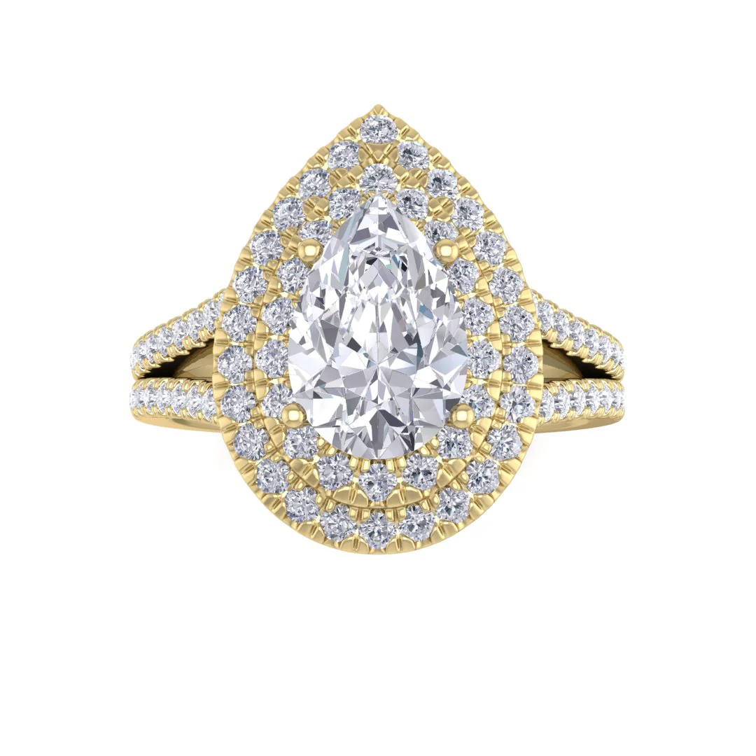 14k Yellow Gold 1.5ct Pear Moissanite Double Halo Engagement Ring 0.5tdw