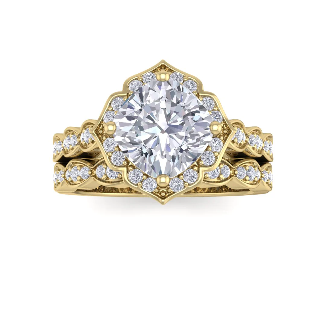 14k Yellow Gold 2.0ct Cushion Cut Lab Diamond Halo Vintage Inspired Bridal Set 2.3tdw