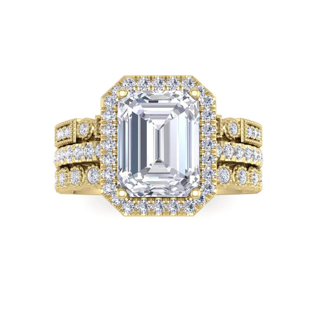 14k Yellow Gold 2.0ct Emerald Cut Lab Diamond Halo Bridal Set 2.5tdw