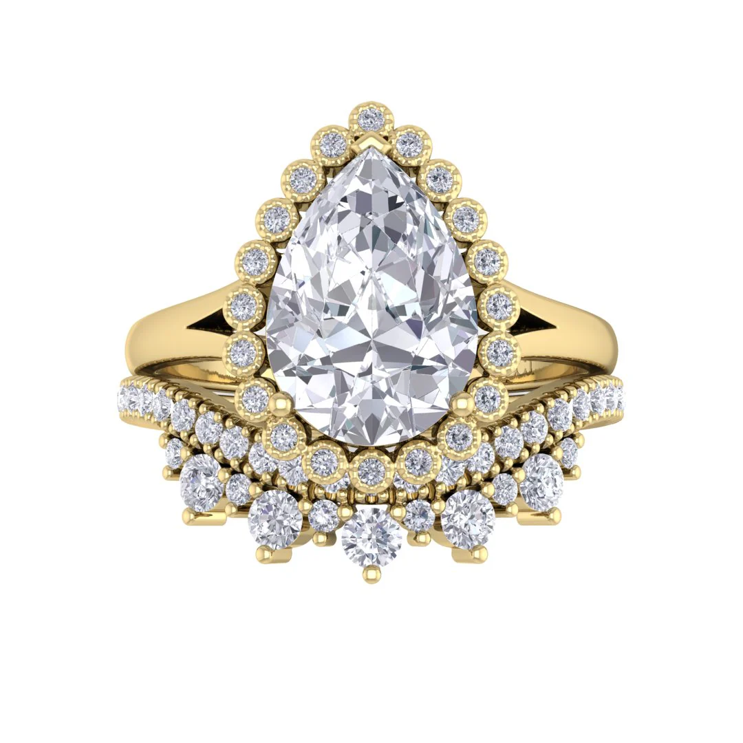 14k Yellow Gold 2.0ct Pear Diamond Halo Tiara Bridal Set 2.4tdw