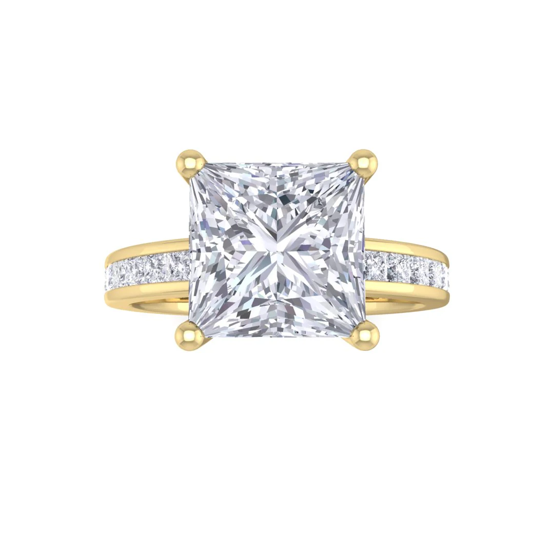 14k Yellow Gold 2.0ct Princess Cut Moissanite Solitaire with Shoulder Accents Engagement Ring 0.5tdw